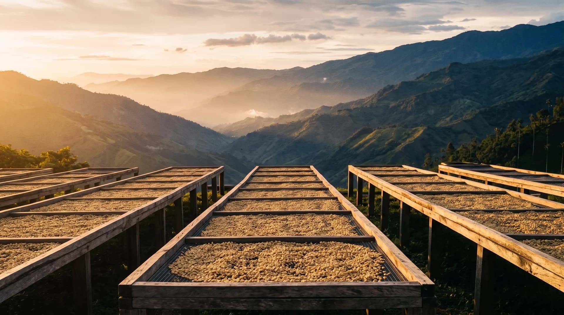 Parchment coffee drying on raised beds